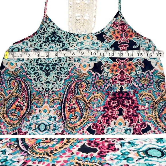 Maurices Boho Chiffon Paisley Crochet T Back Tank Top Blue Pink Peach Medium M - Picture 6 of 7